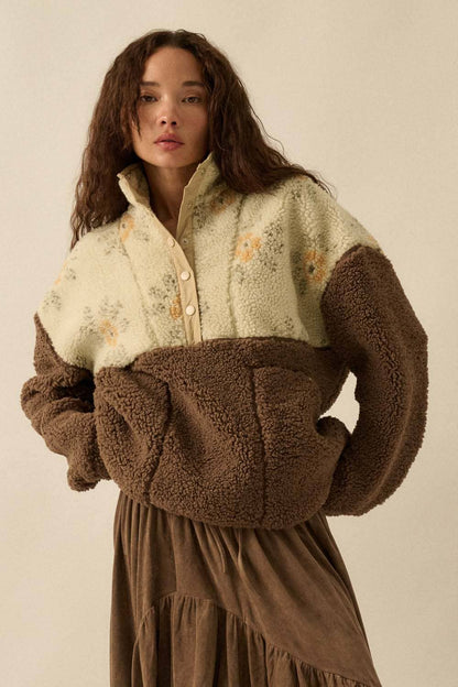 Colorblock Sherpa Fleece Half-Snap Pullover Jacket