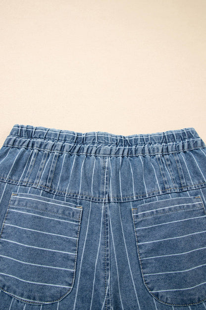 Stripe Button Pleated Drawstring Waist Casual Wide Leg Jeans