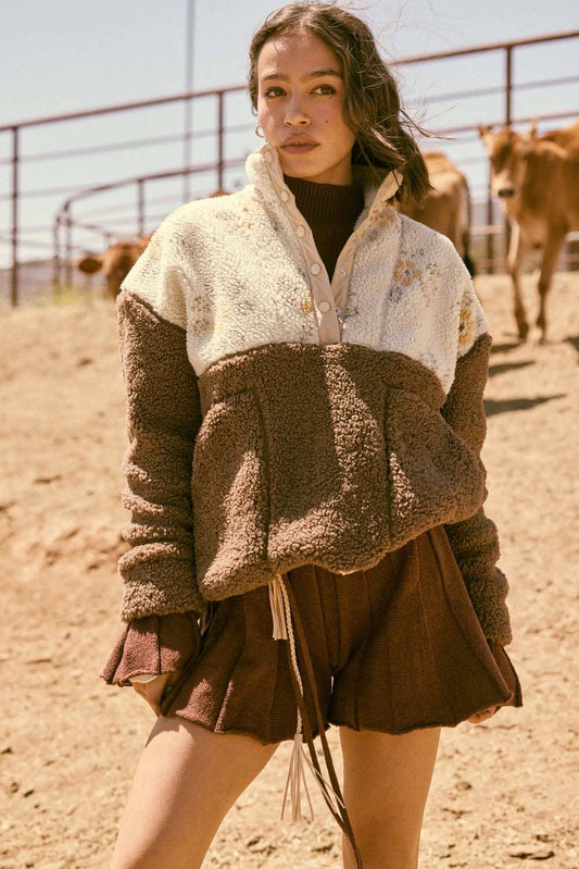 Colorblock Sherpa Fleece Half-Snap Pullover Jacket