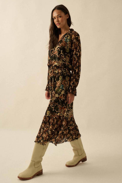 Floral-Print Mesh Button-Up Ruffle Maxi Dress