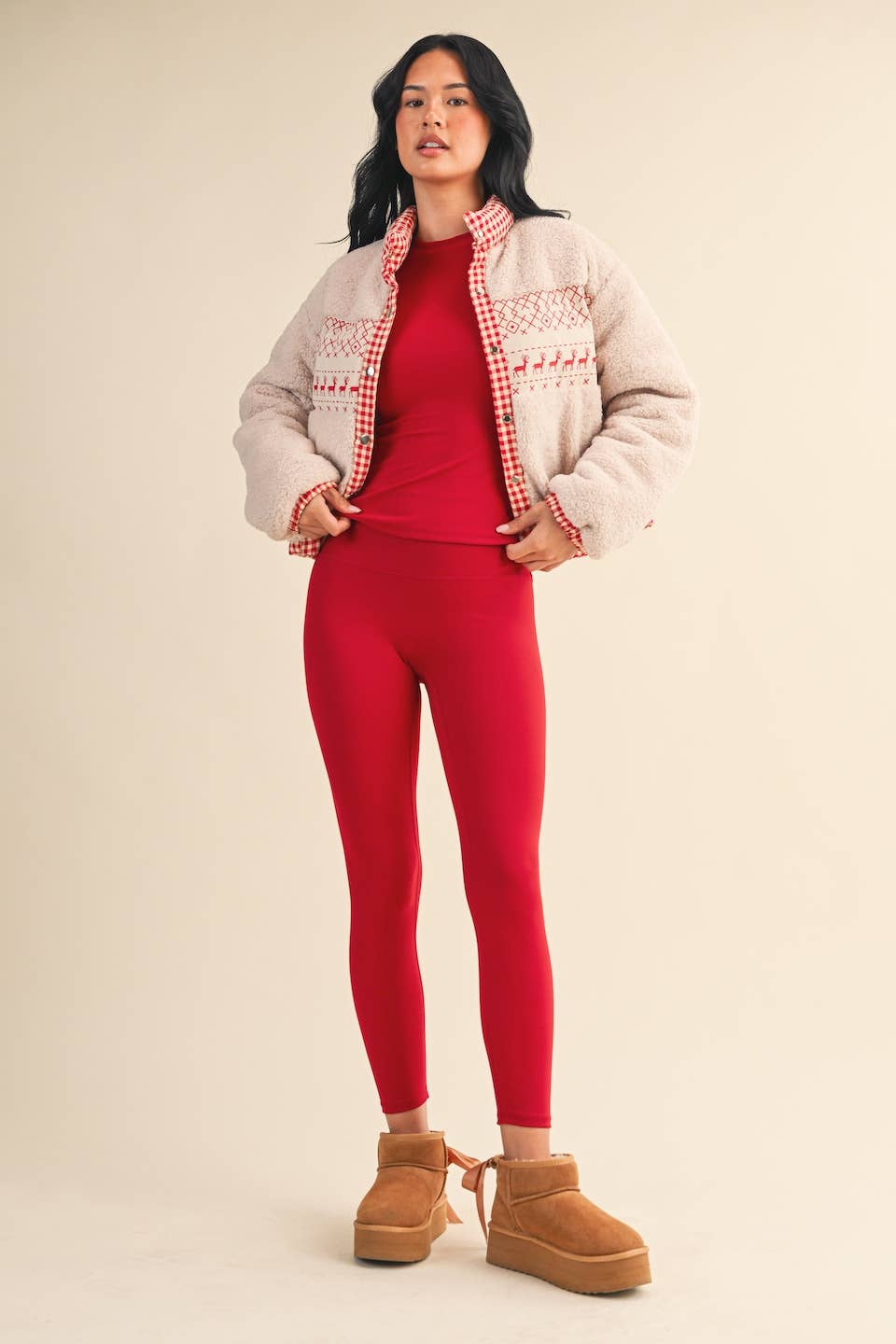 Cozy Sherpa Jacket with Gingham Lining and Holiday Trim