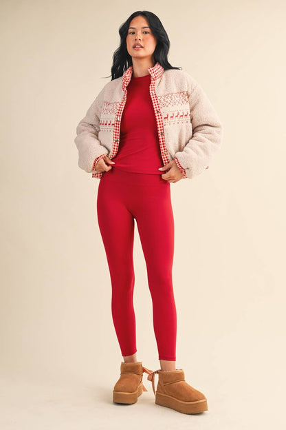 Cozy Sherpa Jacket with Gingham Lining and Holiday Trim