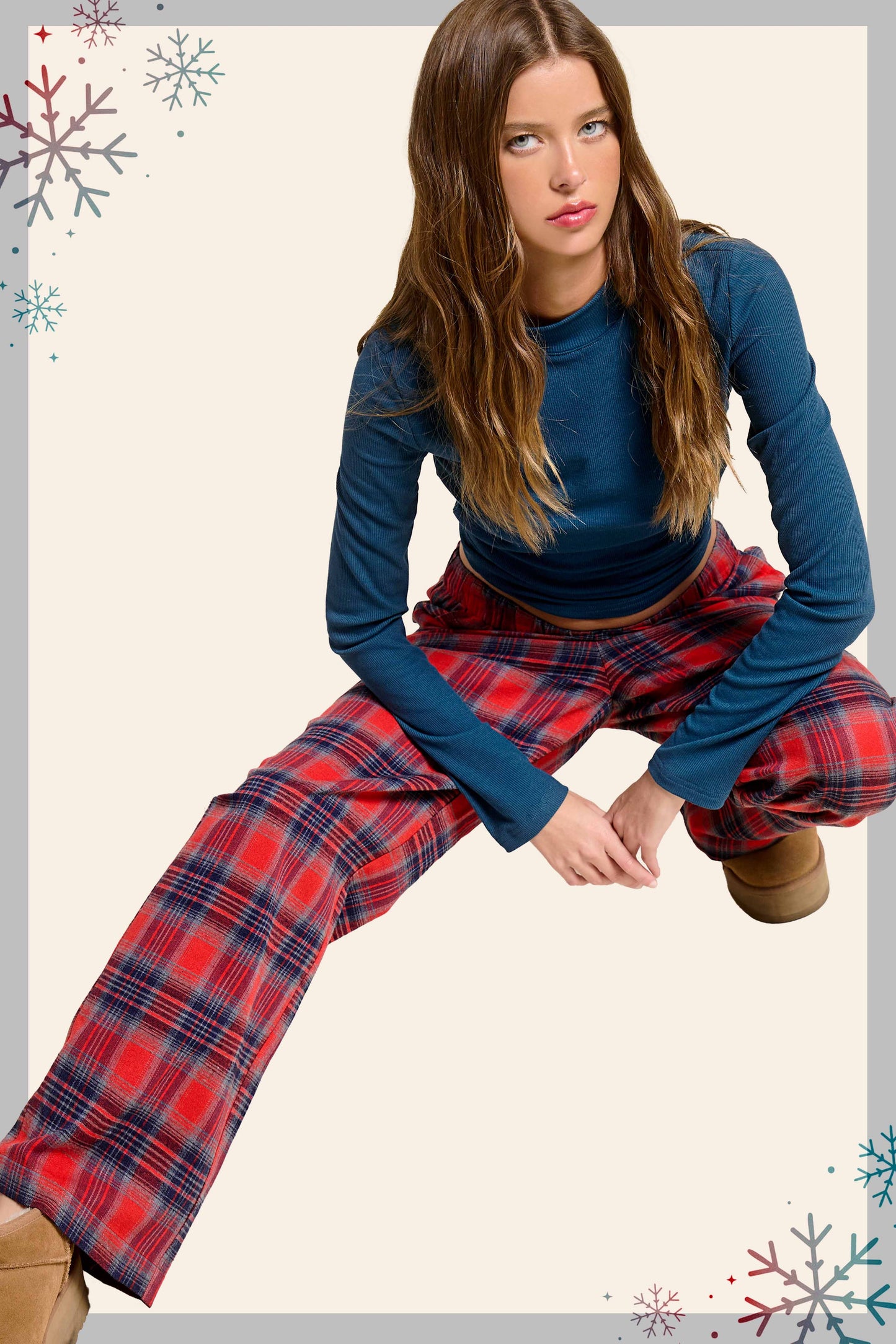 JDP4237-Plaid Flannel Wide-Leg Lounge Checkered Pants