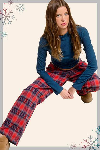 JDP4237-Plaid Flannel Wide-Leg Lounge Checkered Pants