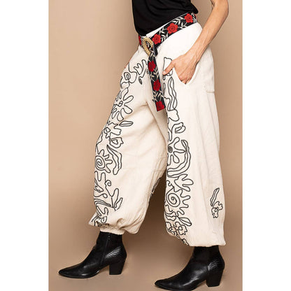 Floral embroidered pattern solid twill pants