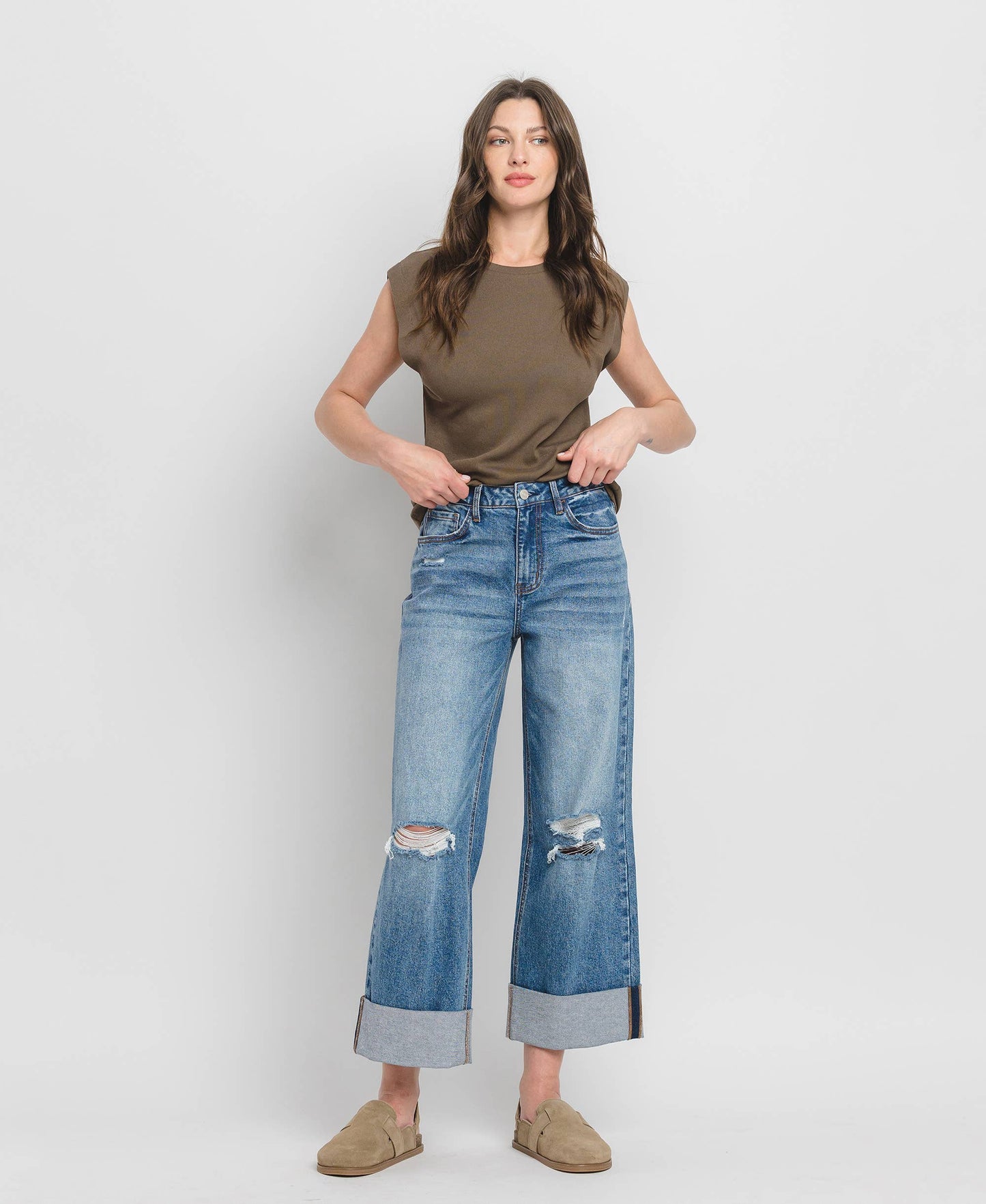 SUPER HIGH RISE DOUBLE CUFFED BAGGY WIDE JEANS LV1459