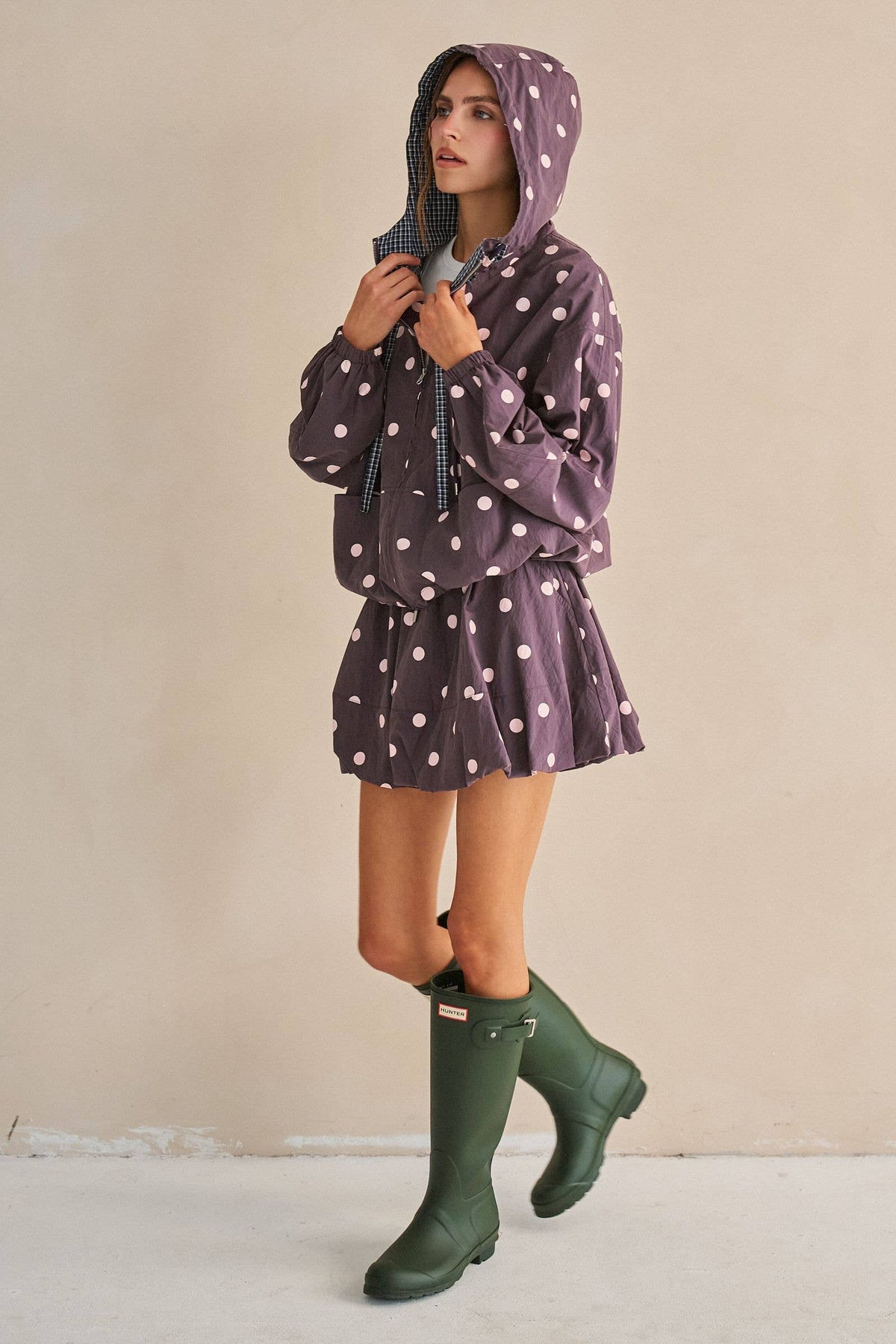 POLKA DOT DRAWSTRING HOODED JACKET