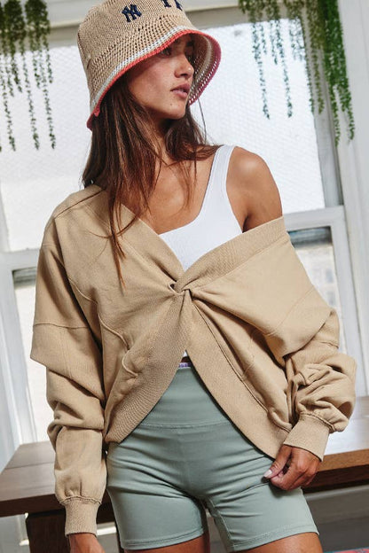 IT1365A Reversible Twist-Front Washed Terry Sweatshirt Top