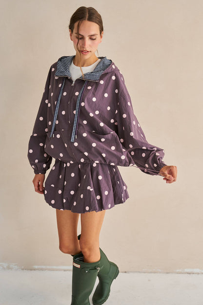 POLKA DOT DRAWSTRING HOODED JACKET