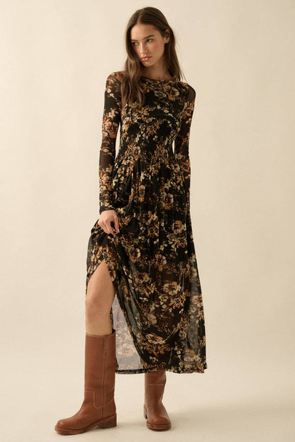 Floral Mesh Smocked Long-Sleeve Midi Dress