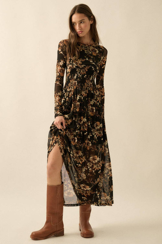 Floral Mesh Smocked Long-Sleeve Midi Dress