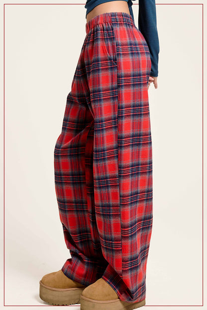 JDP4237-Plaid Flannel Wide-Leg Lounge Checkered Pants