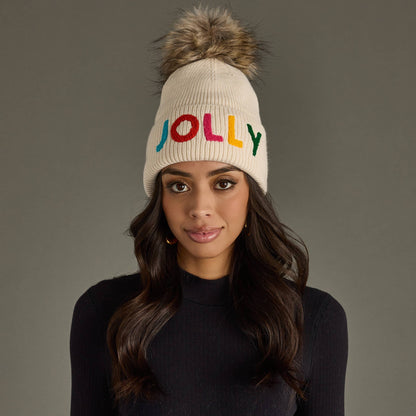 Beige Jolly Knit Pom Hat