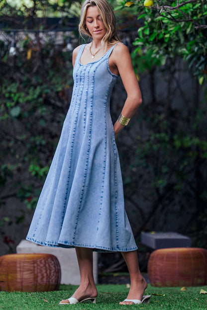 Panelled Denim Midi Dress Exposed Back Zipper