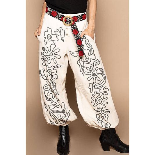Floral embroidered pattern solid twill pants