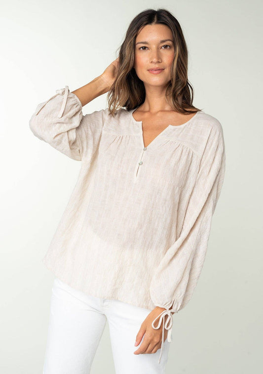 Striped 3/4 Sleeve Curved Yoke Split Neck Top
