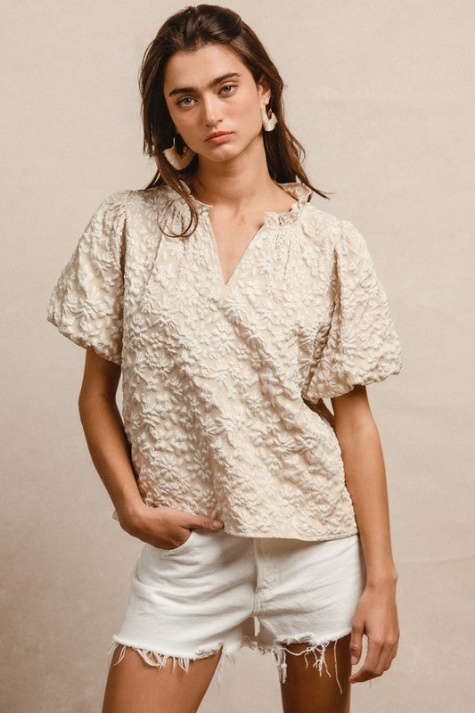 Floral Pattern Texture Short Balloon Sleeves Ruffled V-Neck Top