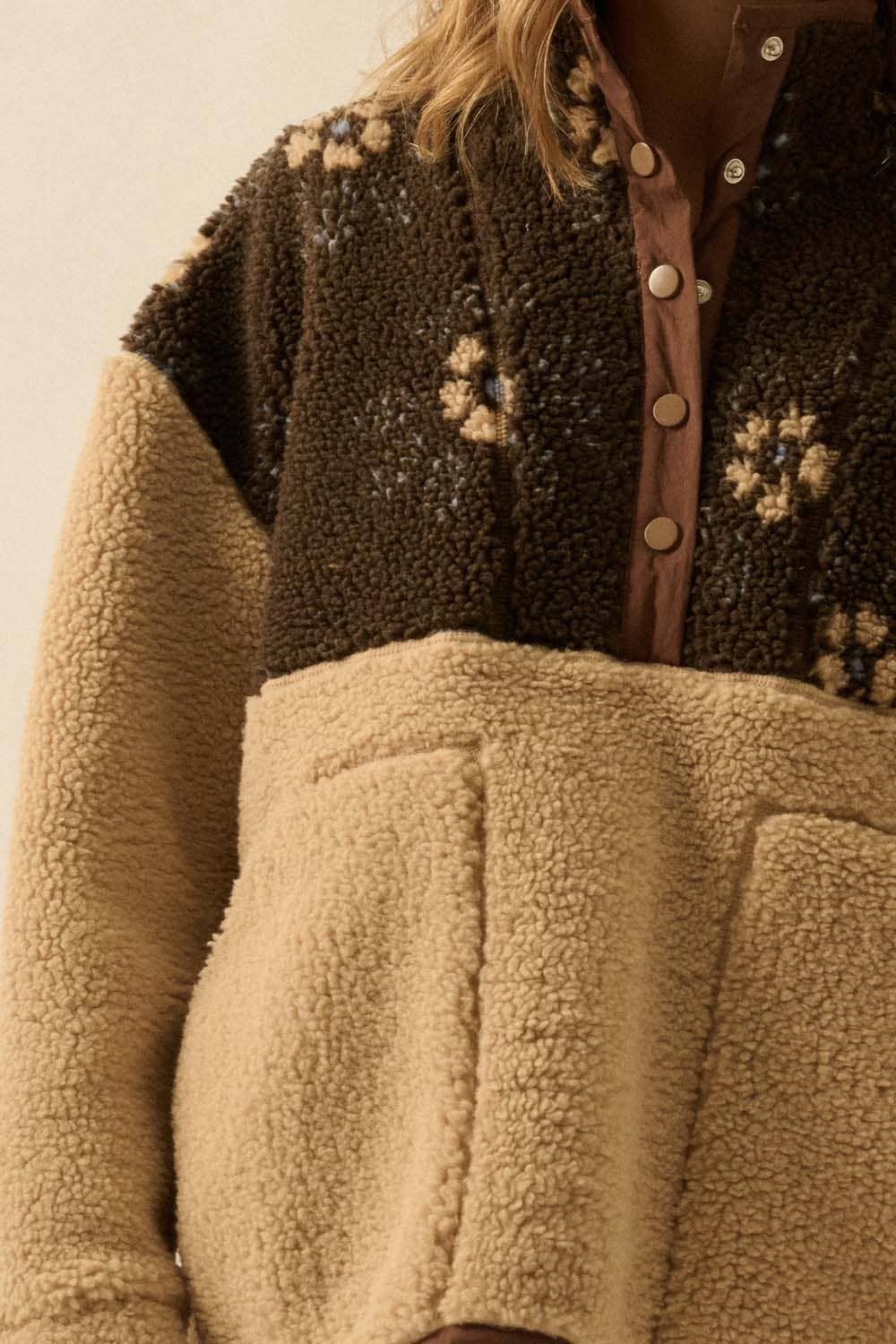 Colorblock Sherpa Fleece Half-Snap Pullover Jacket