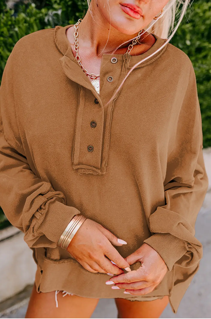 Drop Shoulder Henley Buttons Sweatshirt - Chestnut
