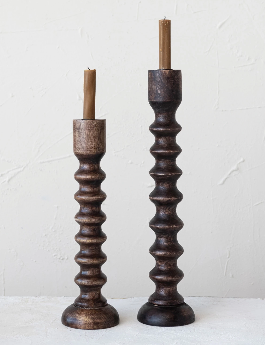 Hand-Carved Mango Wood Taper Holder, Walnut Finish (17 inches)