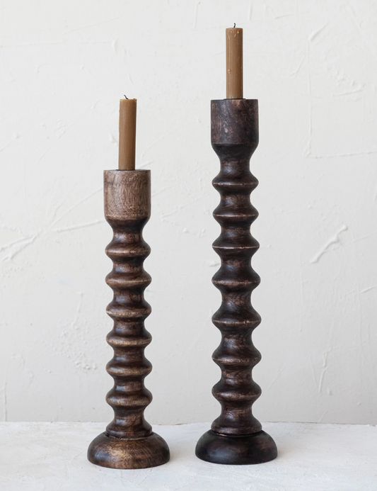 Hand-Carved Mango Wood Taper Holder, Walnut Finish (17 inches)