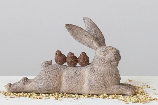 Resin Lying Rabbit w/ Birds, Distressed Finish, Brown