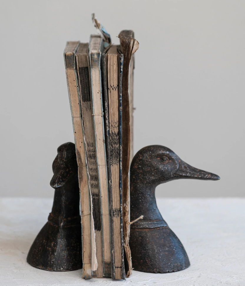 Cast Iron Duck Head Bookends, Distressed Black, Set of 2