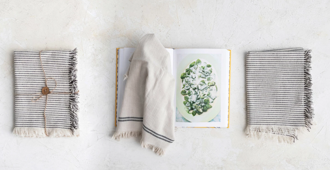 Woven Cotton Tea Towels w/ Stripes & Fringe, Set of 2