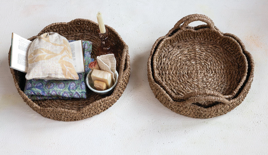 Decorative Braided Bankuan & Rattan Trays w/ Scalloped Edge & Handles