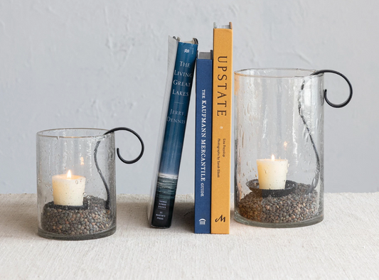 Recycled Bubble Glass Hurricane w/ Metal Votive Holder, Set of 2