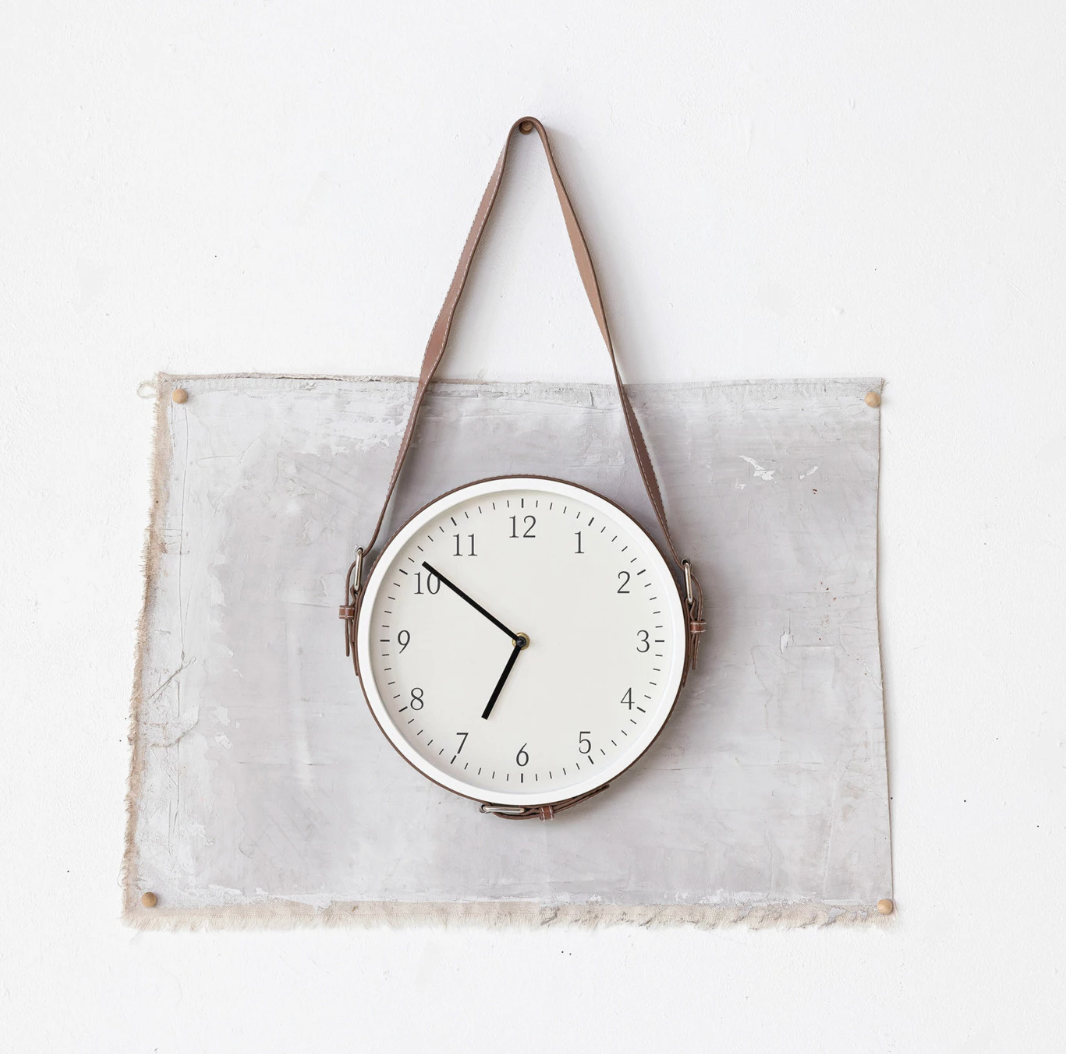 Plastic Hanging Wall Clock w/ Adjustable Leather Strap
