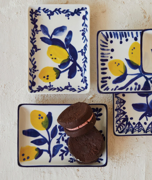 Hand-Painted Stoneware Dish w/ Lemons, 4 Styles