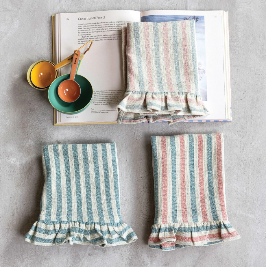 Woven Cotton Tea Towel w/ Stripes & Ruffle, 3 Styles