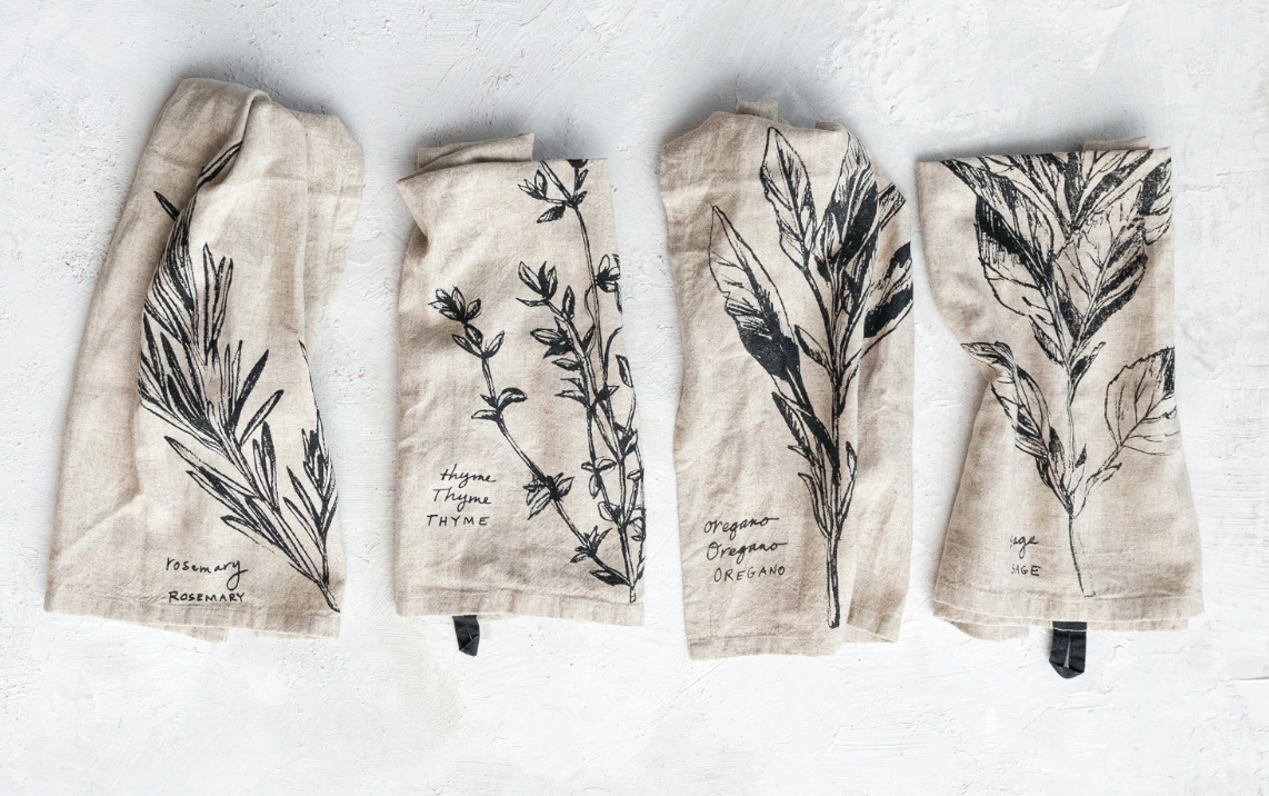 Linen Blend Printed Tea Towel w/ Herb & Herb Name, 4 Styles