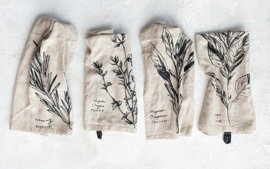 Linen Blend Printed Tea Towel w/ Herb & Herb Name, 4 Styles