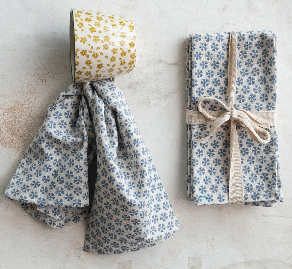 Cotton & Linen Napkins w/ Block Print Pattern, Set of 4