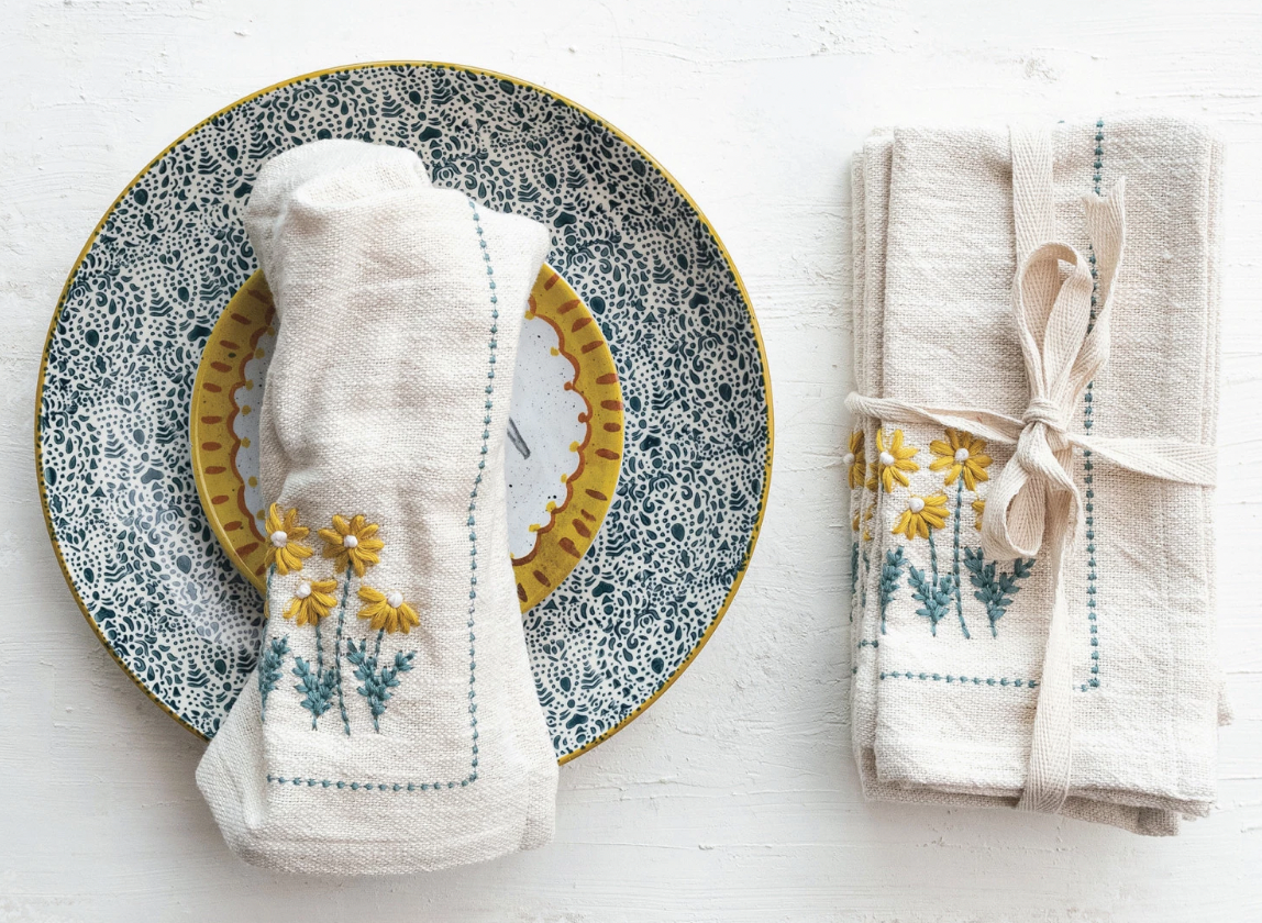 Cotton Napkins w/ Hand-Embroidery, Flowers & French Knots, Set of 4