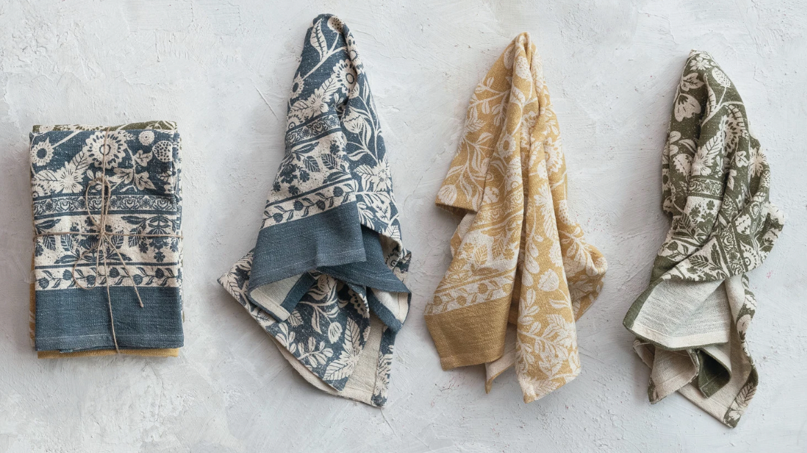 Cotton Printed Tea Towels w/ Floral Pattern, Set of 3