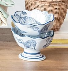 Hand-Stamped Stoneware Footed Bowl w/ Botanicals & Scalloped Edge