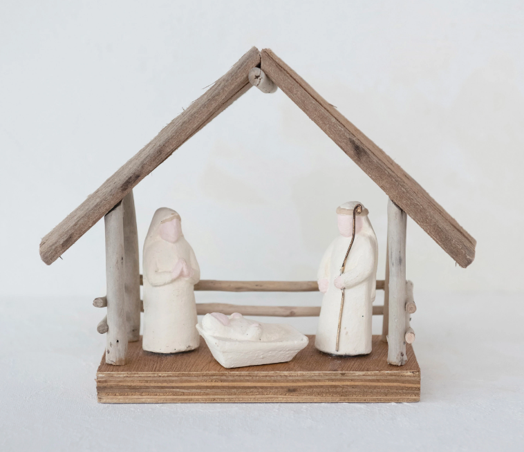 Handmade Driftwood and Paper Mache Nativity with Wood Base