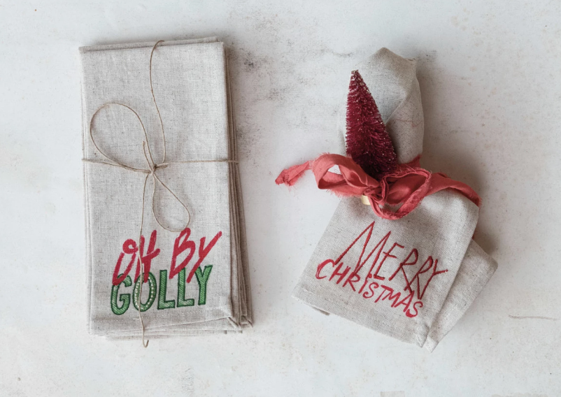 Cotton Printed Napkins w/ Embroidered Christmas Saying/Image, Set of 4