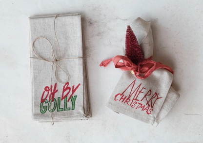 Cotton Printed Napkins w/ Embroidered Christmas Saying/Image, Set of 4