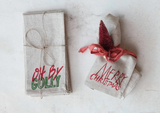 Cotton Printed Napkins w/ Embroidered Christmas Saying/Image, Set of 4