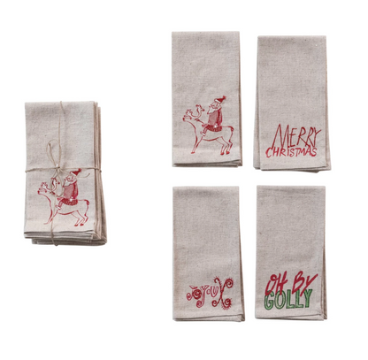 Cotton Printed Napkins w/ Embroidered Christmas Saying/Image, Set of 4