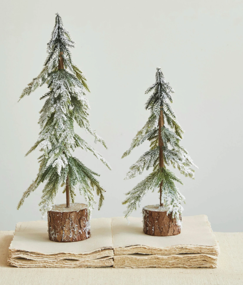 Faux Fir Tree w/ Wood Base, Snow Finish, Green