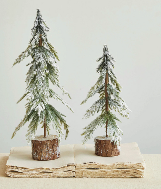 Faux Fir Tree w/ Wood Base, Snow Finish, Green