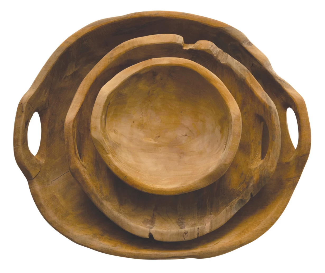 Teak Wood Bowls with Handles, Set of 3