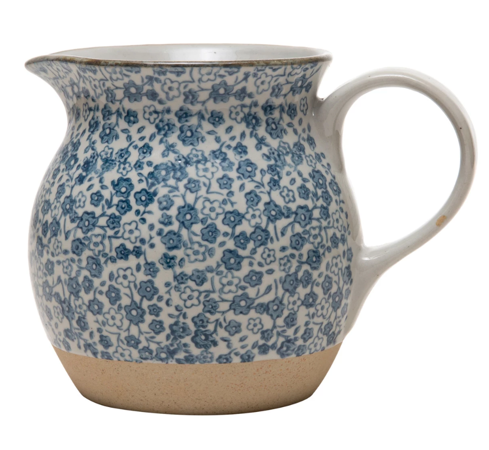 Hand-Painted Stoneware Pitcher with Floral Print