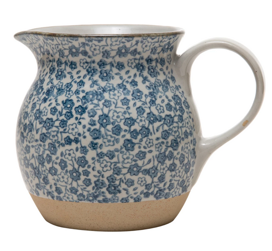 Hand-Painted Stoneware Pitcher with Floral Print