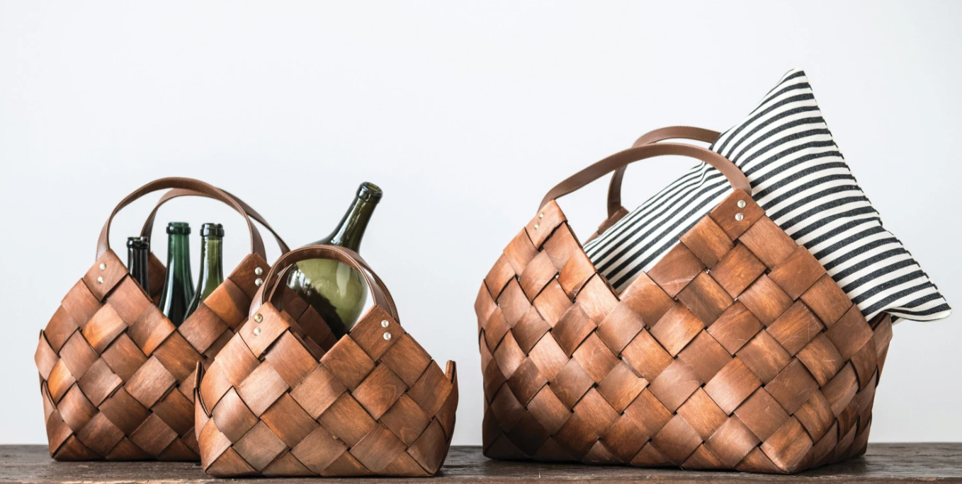 Woven Baskets with Handles, Set of 3